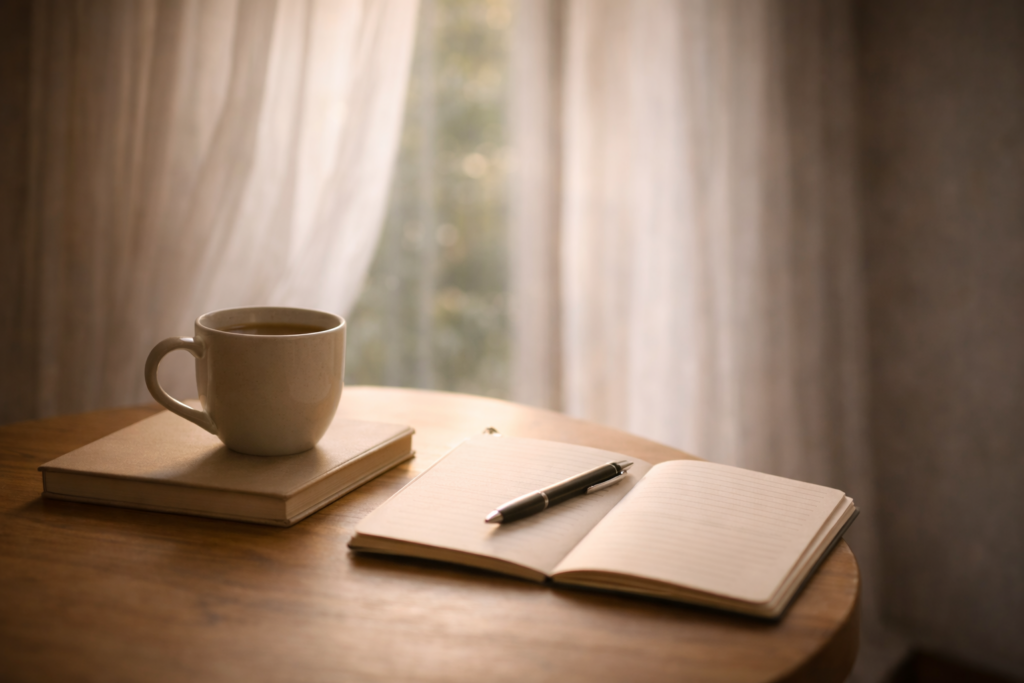 自分の感情と向き合おうとペンとメモを机に置いて、ゆっくりお茶を飲もうとしている
