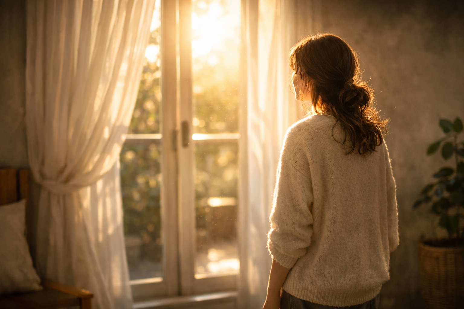 心が疲れているサインを感じる女性が光の差し込む部屋で膝に手を置き立ち止まっている様子