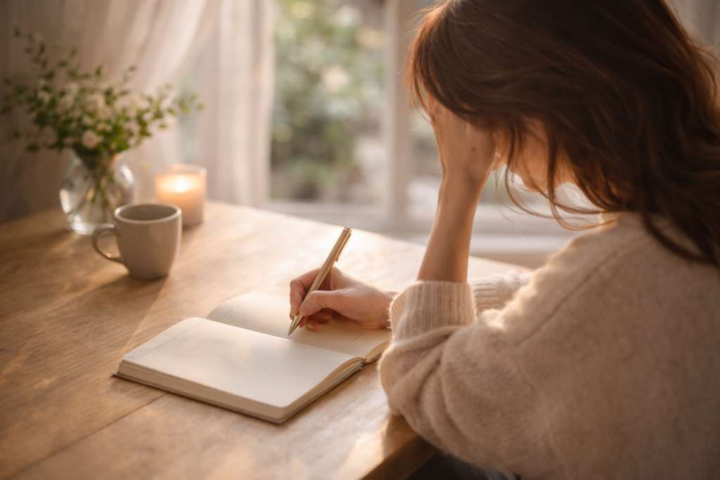 人間関係の疲れを整理するためにノートに書き出す女性の様子