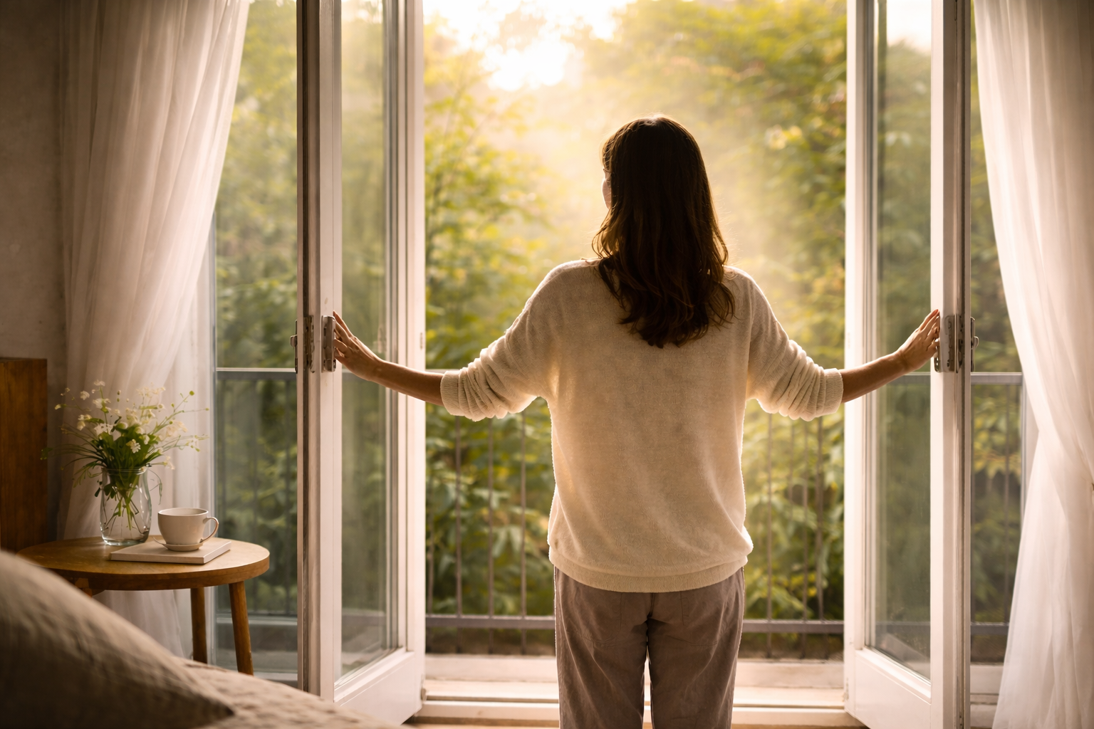 人の顔色を気にして疲れてしまう女性が、窓を開けて静かに立ち止まり自分の感情を見つめ直しているイメージ