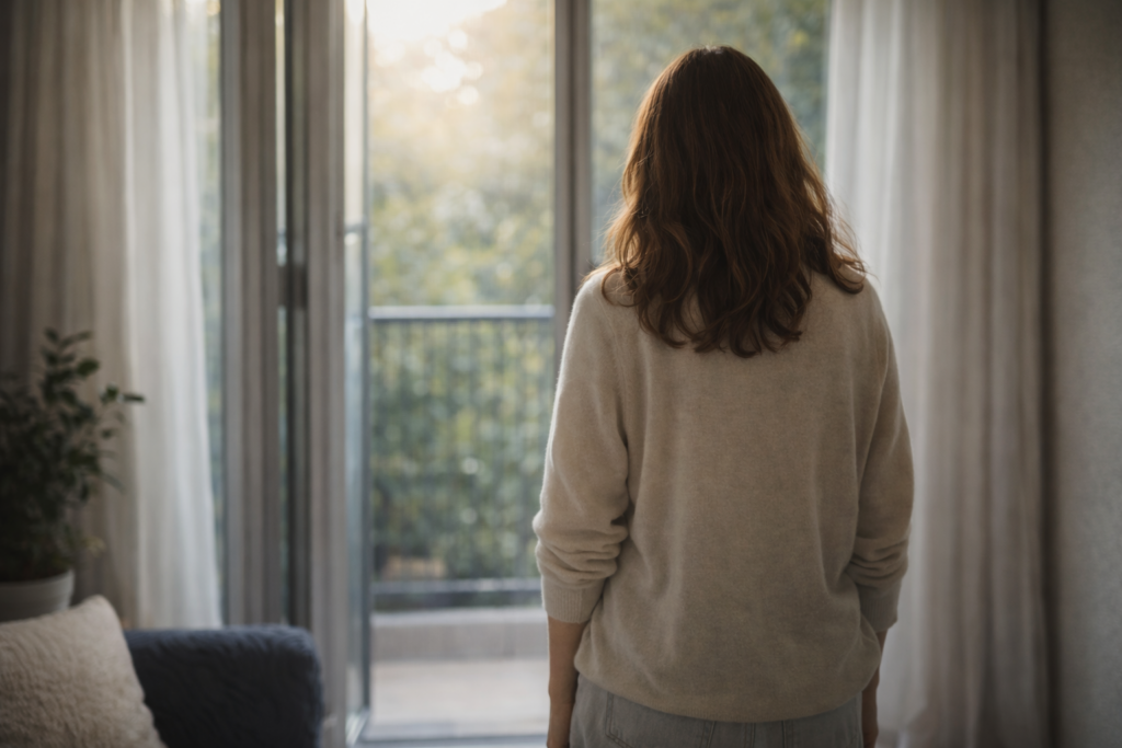 ただ生きているだけと感じて立ち尽くしている40代女性のイメージ