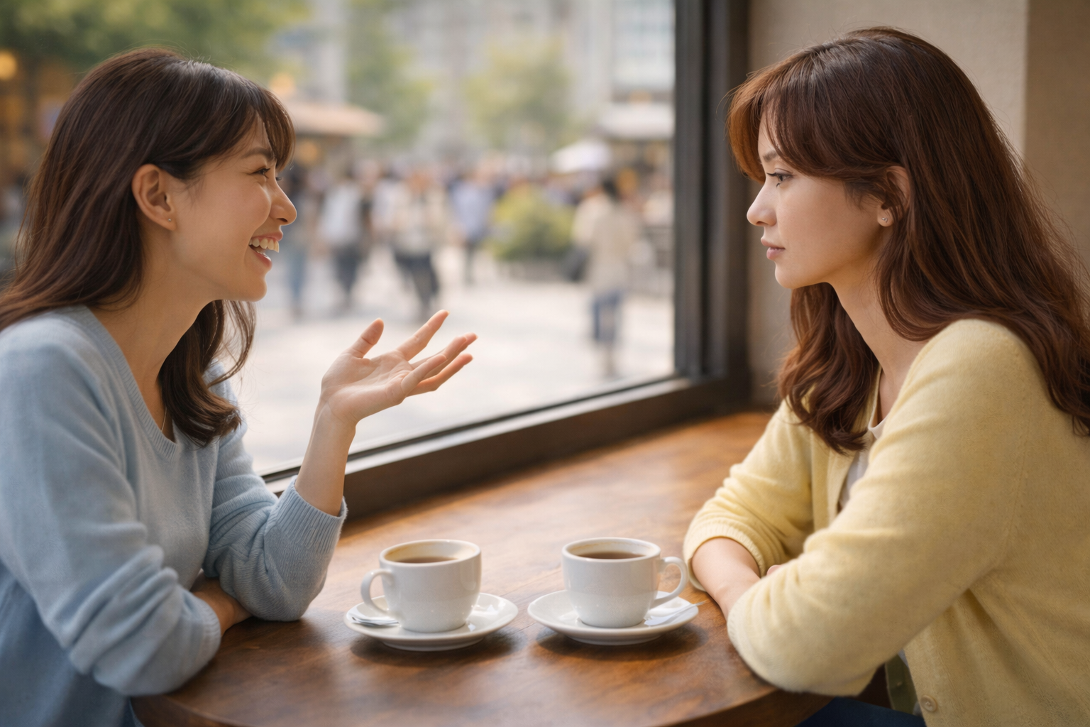 人間関係に疲れている女性のイメージ。カフェで友人の話を聞きながら無表情でうつむく女性と、楽しそうに話す女性の対比。