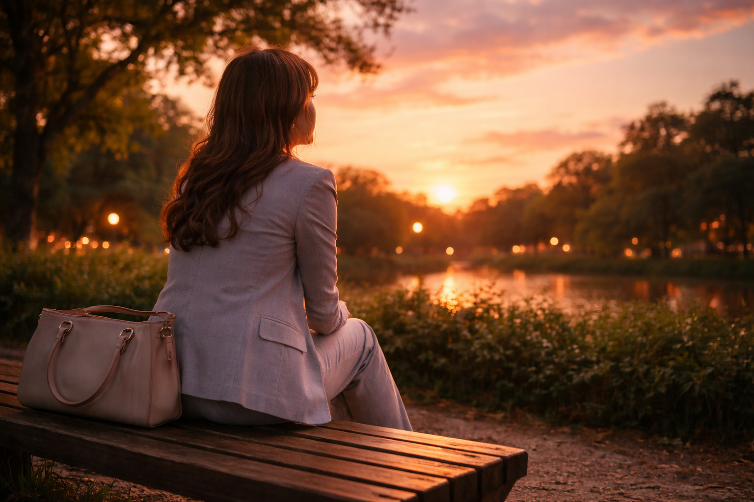 夕焼けの公園でベンチに座り、考えごとをしている女性の後ろ姿。仕事帰りのグレースーツ姿で、隣にベージュのバッグが置かれている。