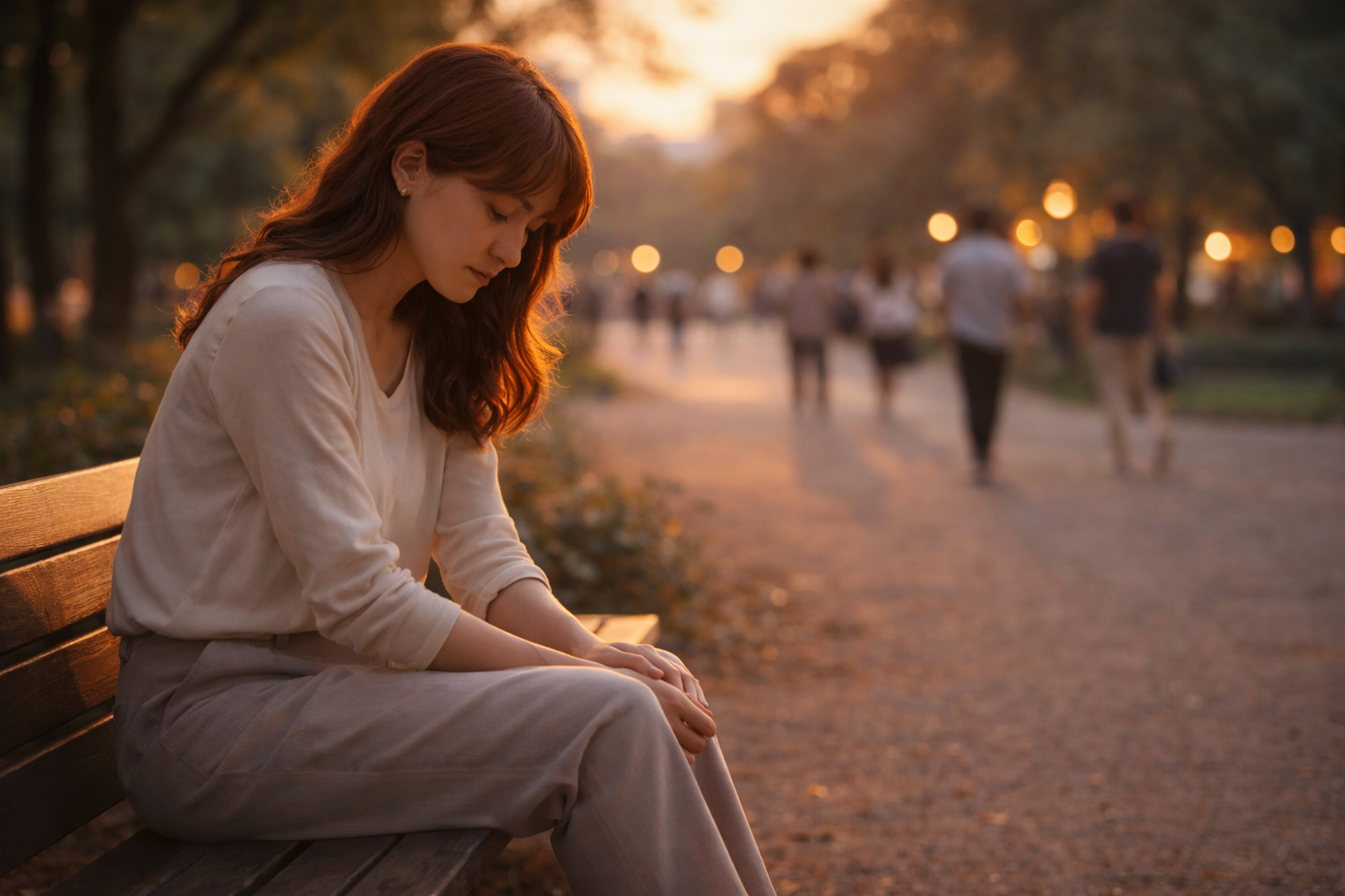 夕方の公園のベンチに座り、周囲の人々から少し離れて一人で考え込む女性。オレンジ色の夕日が差し込み、背景はぼかされている。