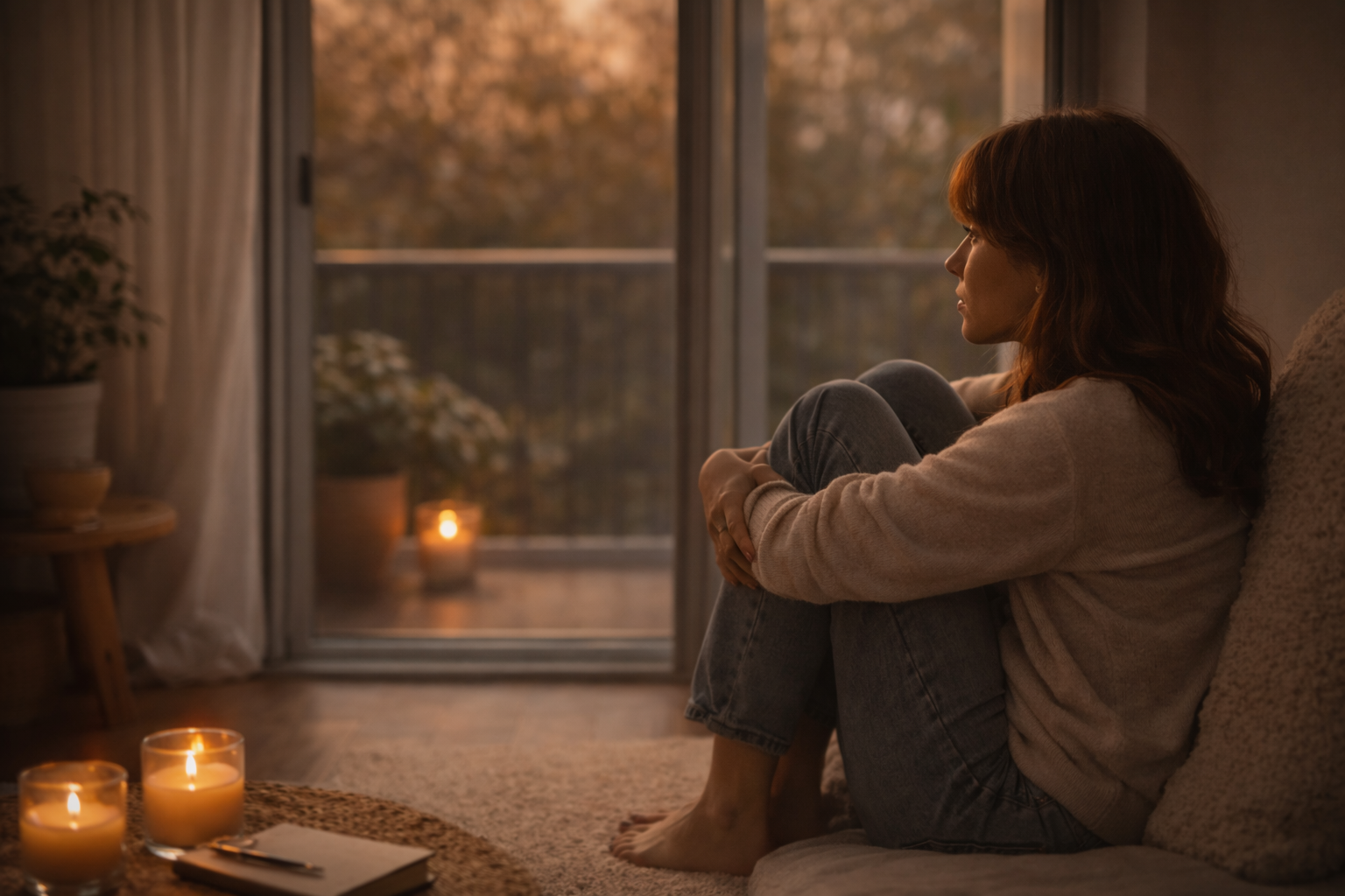 窓の外を見つめながら膝を抱えて座り、考え込む女性の横顔｜夕方のやわらかな光とキャンドルに包まれた室内
