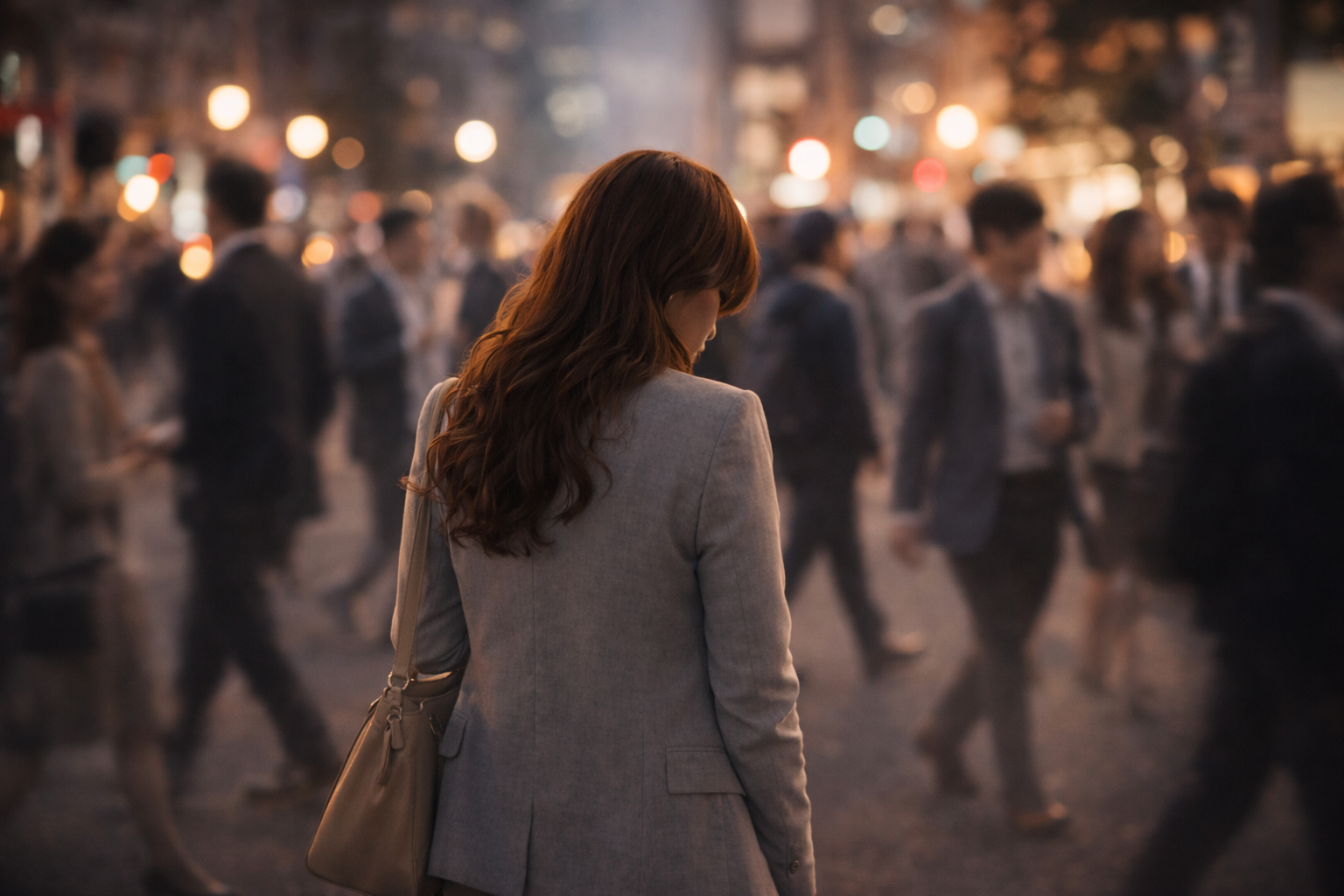 人の目が気になり、人混みの中で立ち止まって周囲を意識してしまう女性の後ろ姿