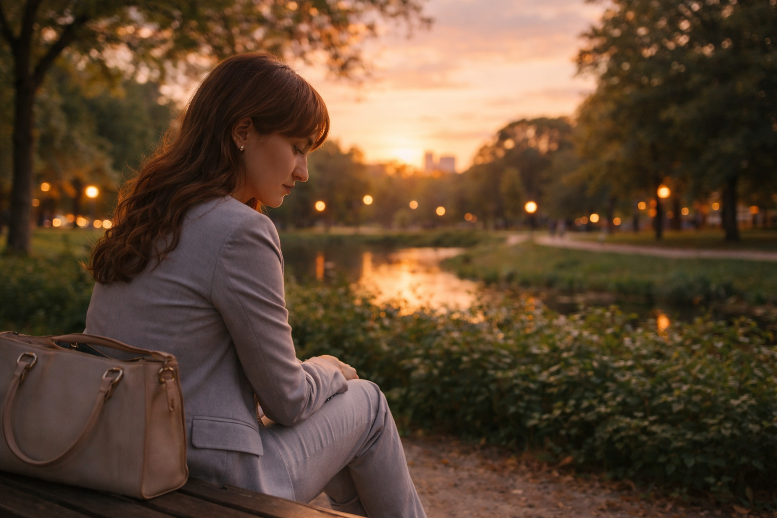 夕方の公園で一人ベンチに座り、何かを考えながら少しうつむく女性の横顔