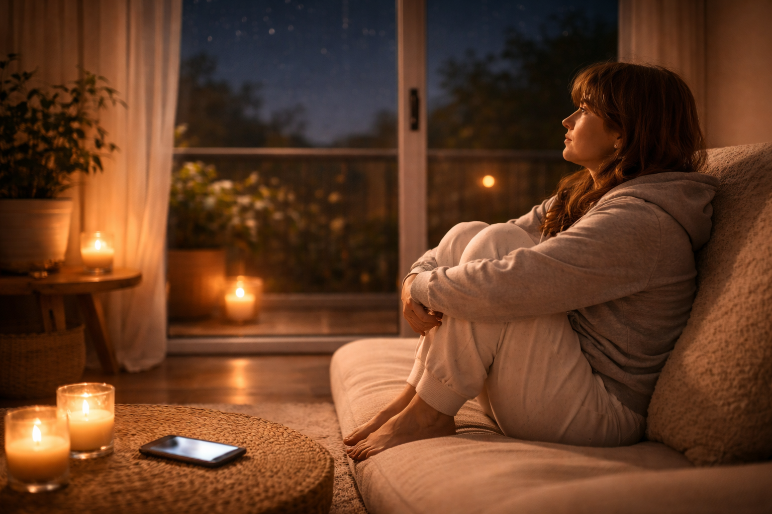 ソファに座りながら、夜空を眺め考えごとをしている女性