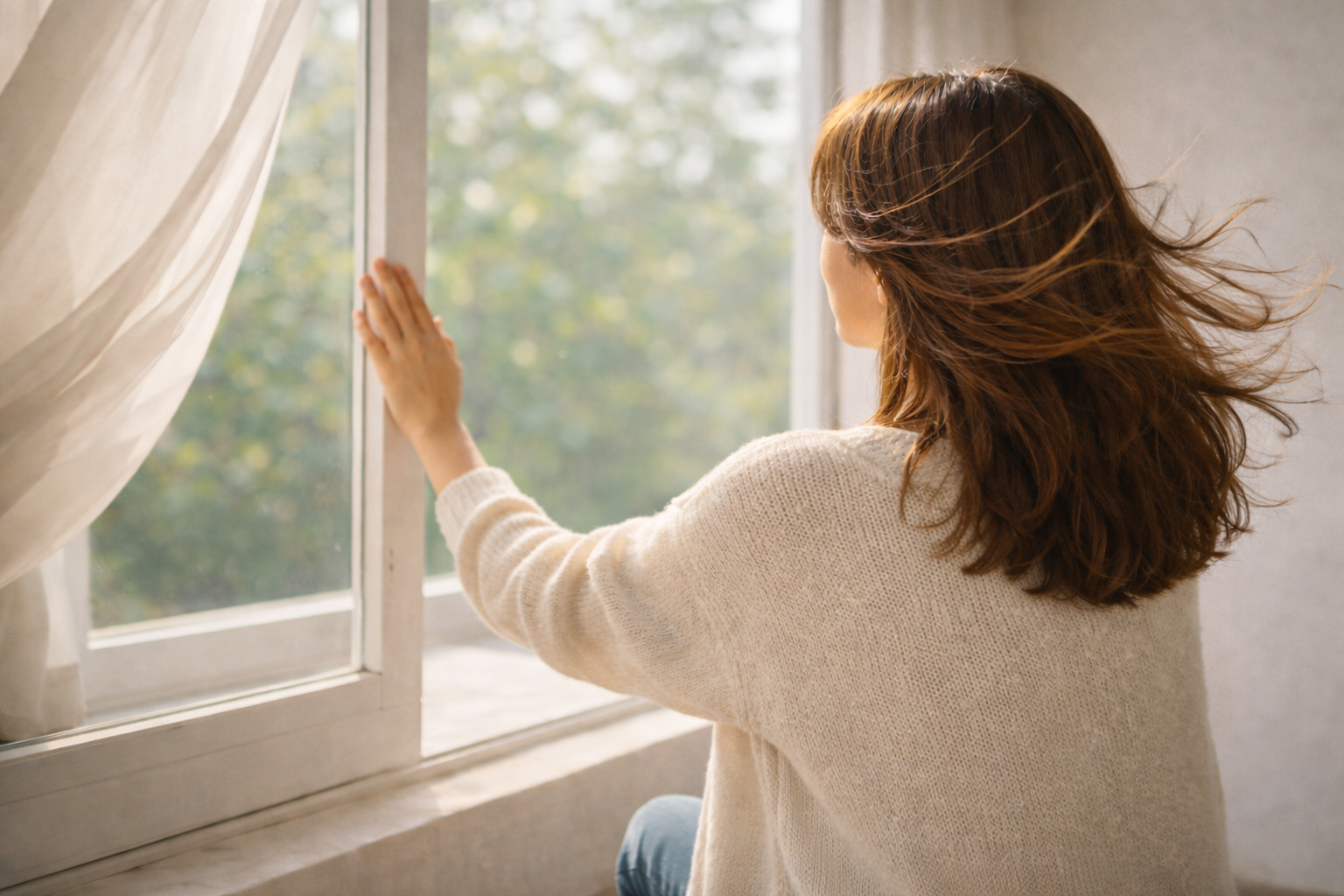 春の風が入る窓辺で、窓枠に手を添えながら外を見つめる女性の後ろ姿