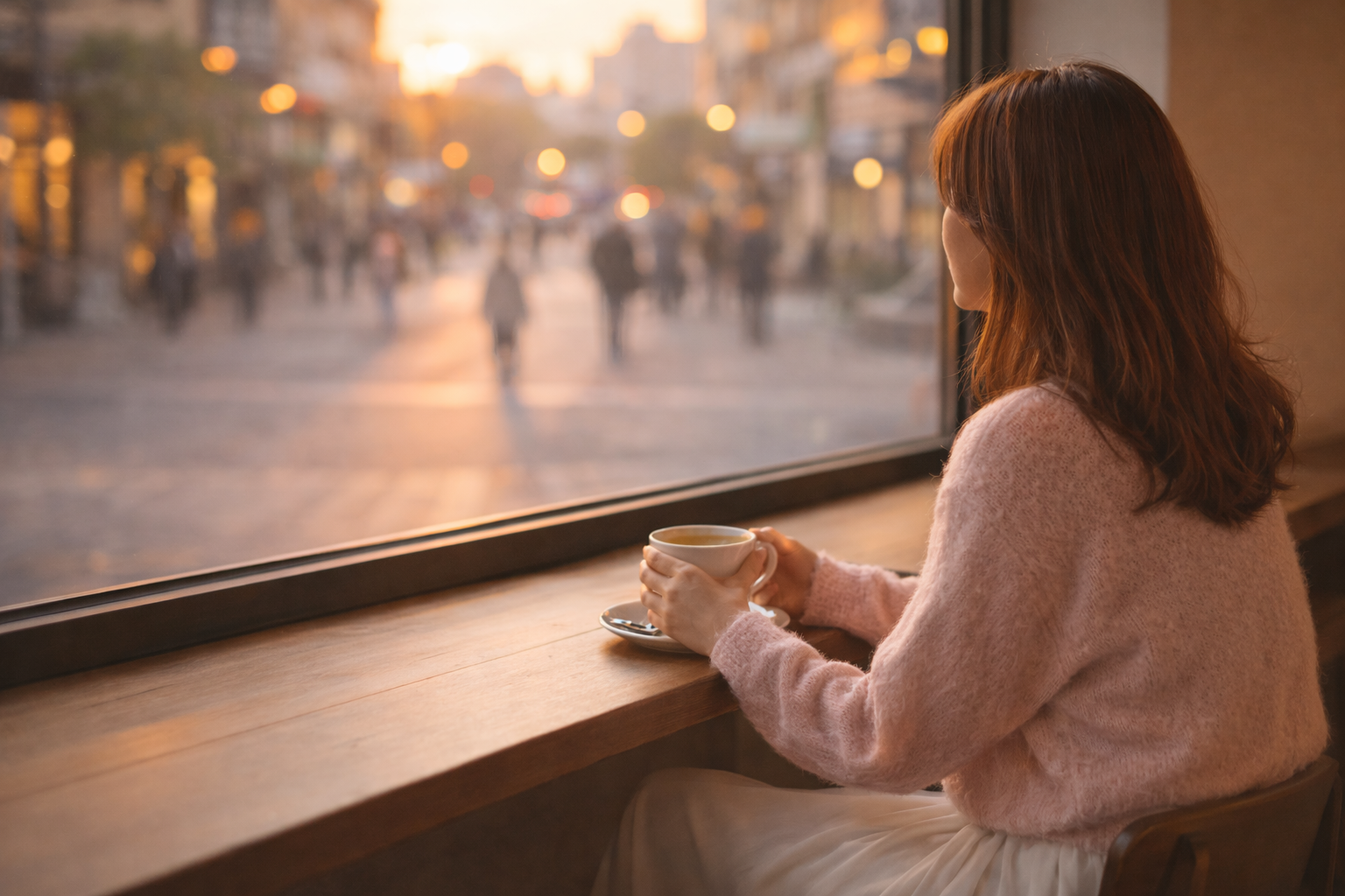 カフェで一人お茶をしながら、ぼんやりと考えごとをしている女性
