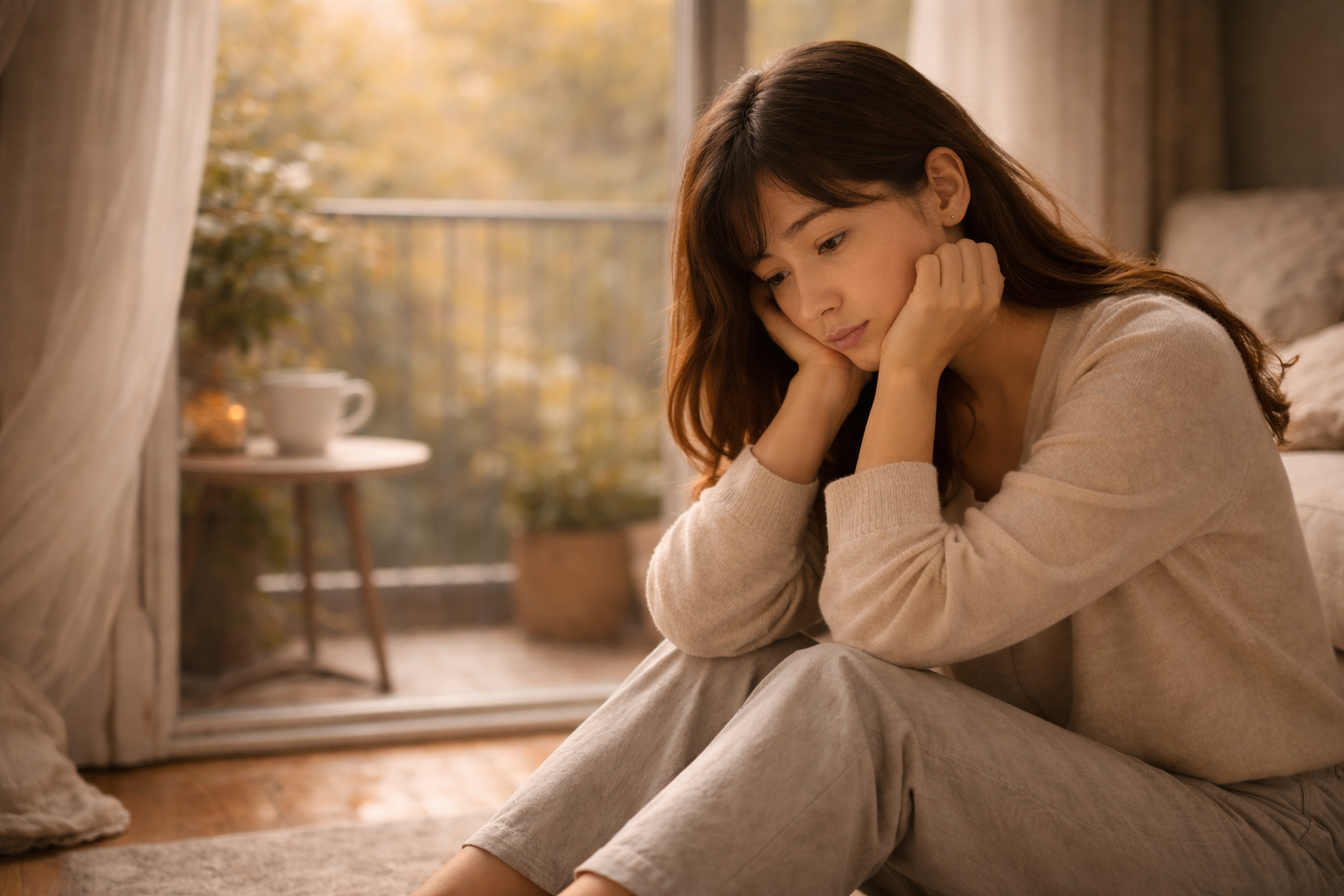 どうしたらいいか分からないときに考え込む女性のイメージ