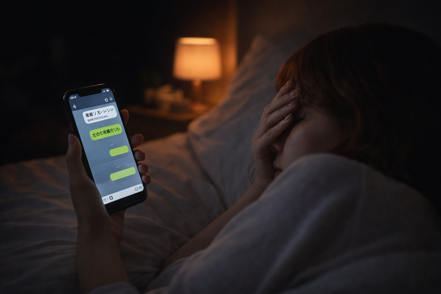 人の言葉で落ち込む女性がスマホを見て考え込む様子（夜・ベッド）