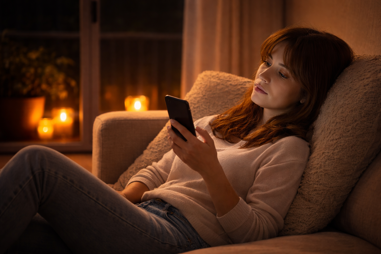 スマホを見ながらソファでくつろぐ女性