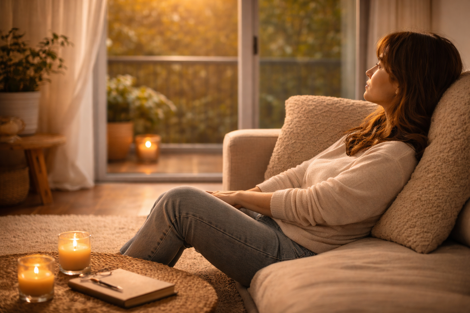 考え過ぎて疲れた女性がソファでくつろいでいる様子