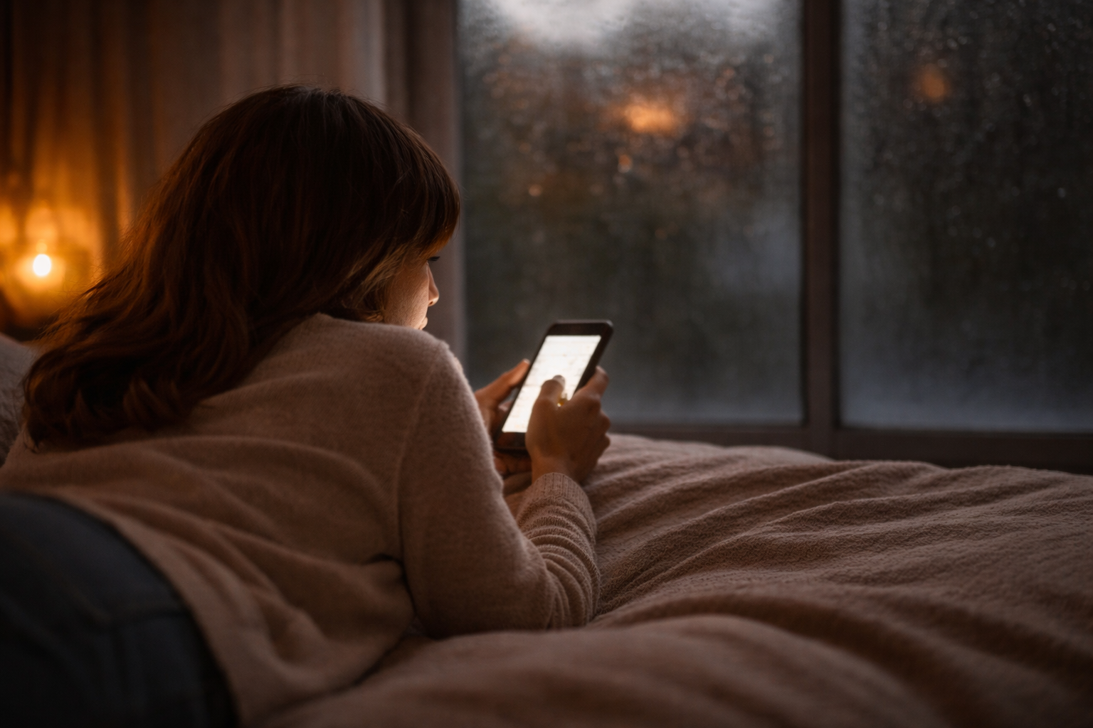 雨の夕方の部屋でベッドに横になり、スマホを見ながら考え込む女性の後ろ姿。人間関係に悩み、気を使いすぎて疲れている様子。