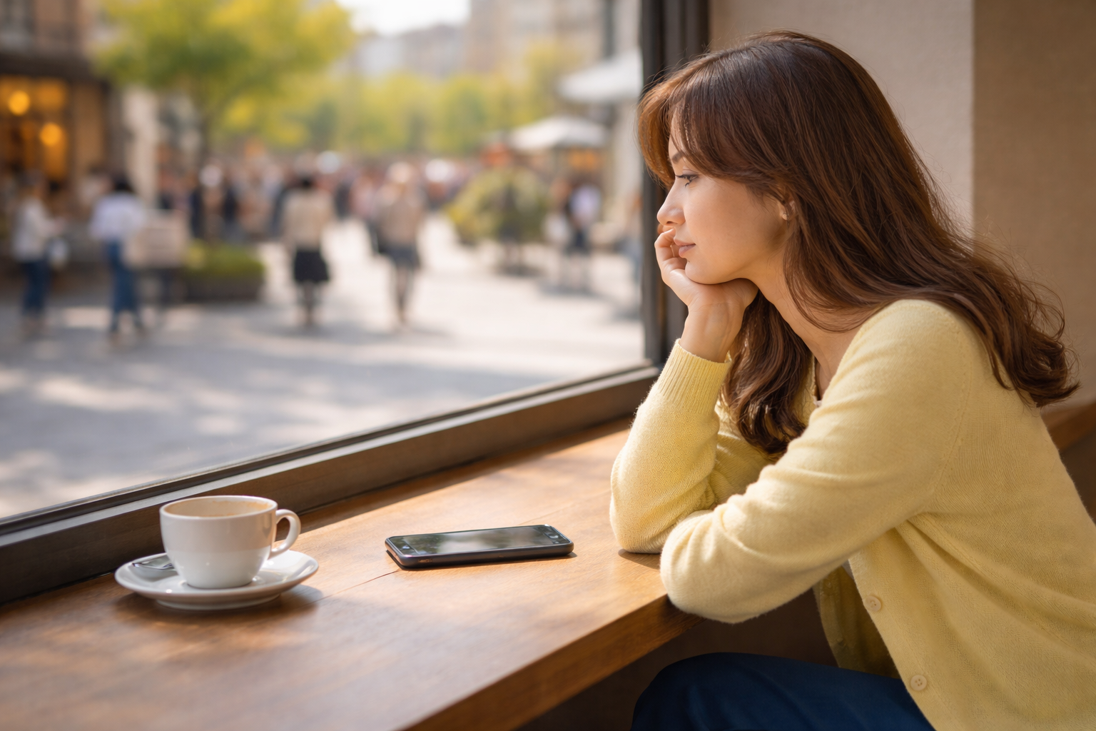 人の顔色を気にして考え込む女性がカフェで窓の外を見つめている様子