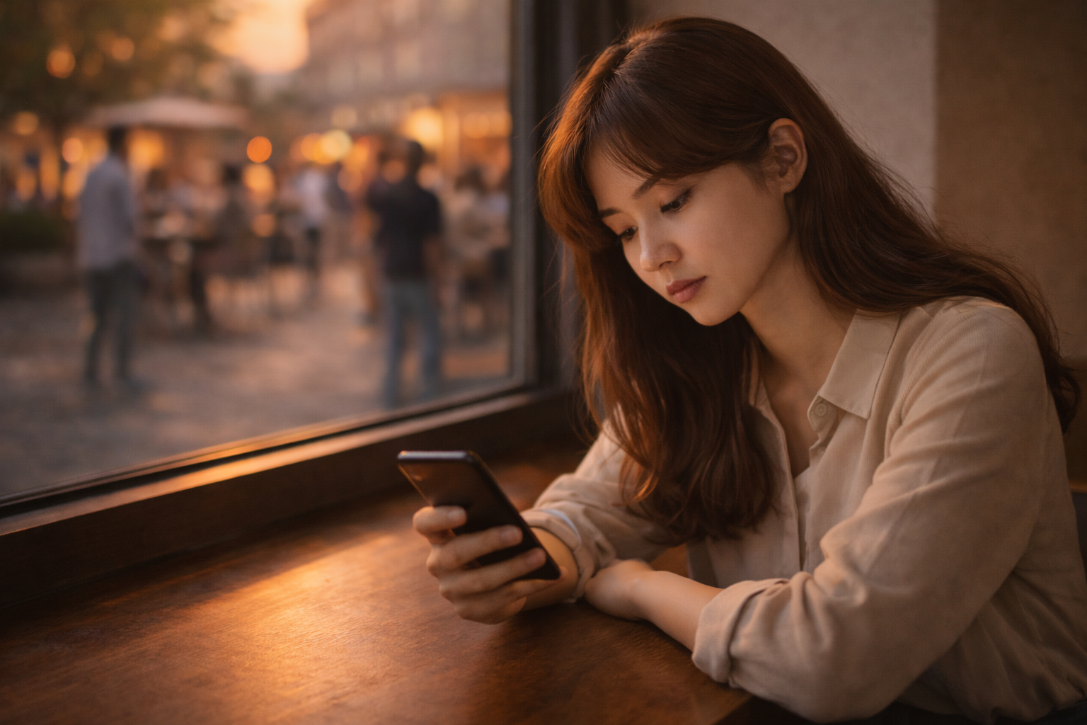 夕方のカフェでスマホを見ながら一人考え込む女性。周囲は人通りがあるが、背景はぼけており、自分だけが思考に入り込んでいるような雰囲気。