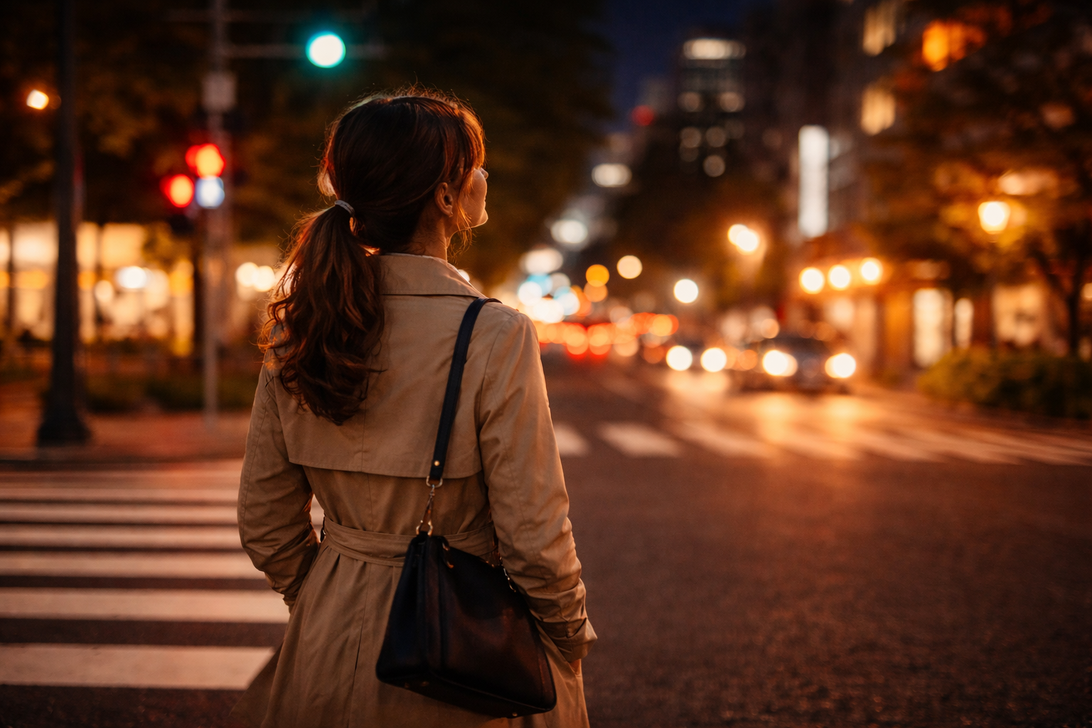 人の言葉が頭から離れず考え込む女性の後ろ姿（夜の街・信号待ち）