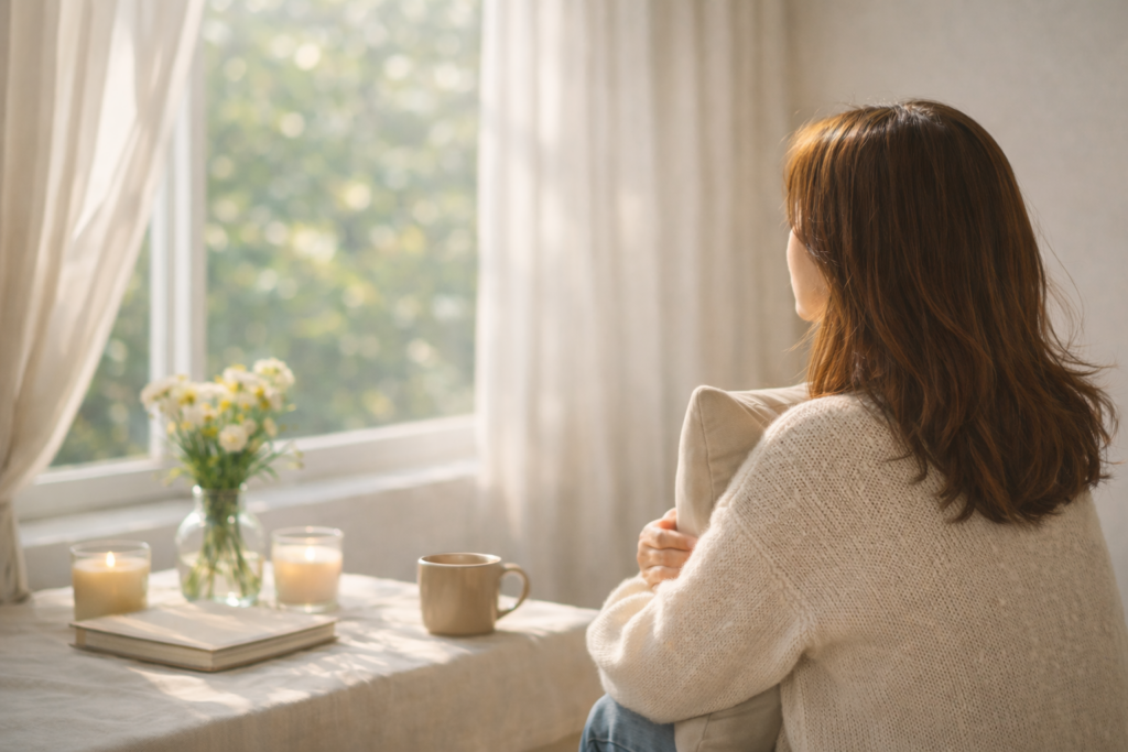 春の朝、窓辺でクッションを抱えながら外を眺めている女性。テーブルにはマグカップと花が置かれている