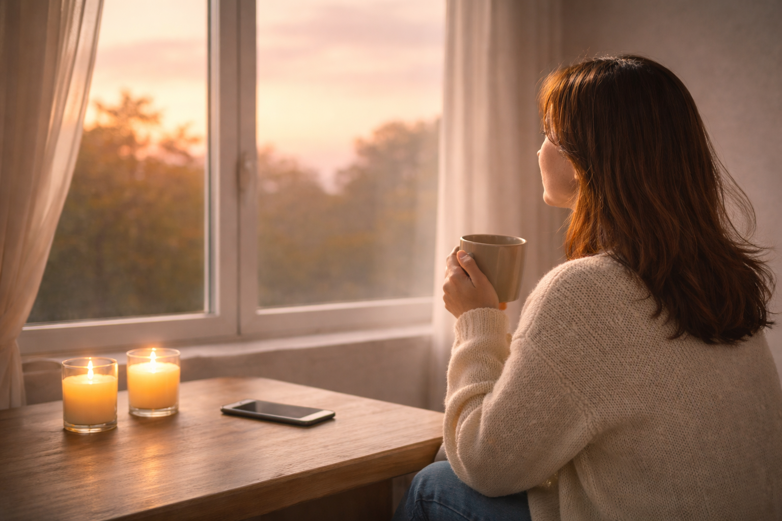 朝焼けの光の中でマグカップを持ち、窓の外を見つめながら自分と向き合う女性｜人の顔色を気にする心理のイメージ