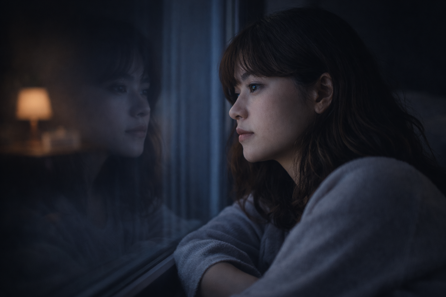 窓に映る自分を見つめながら考え込む女性の横顔