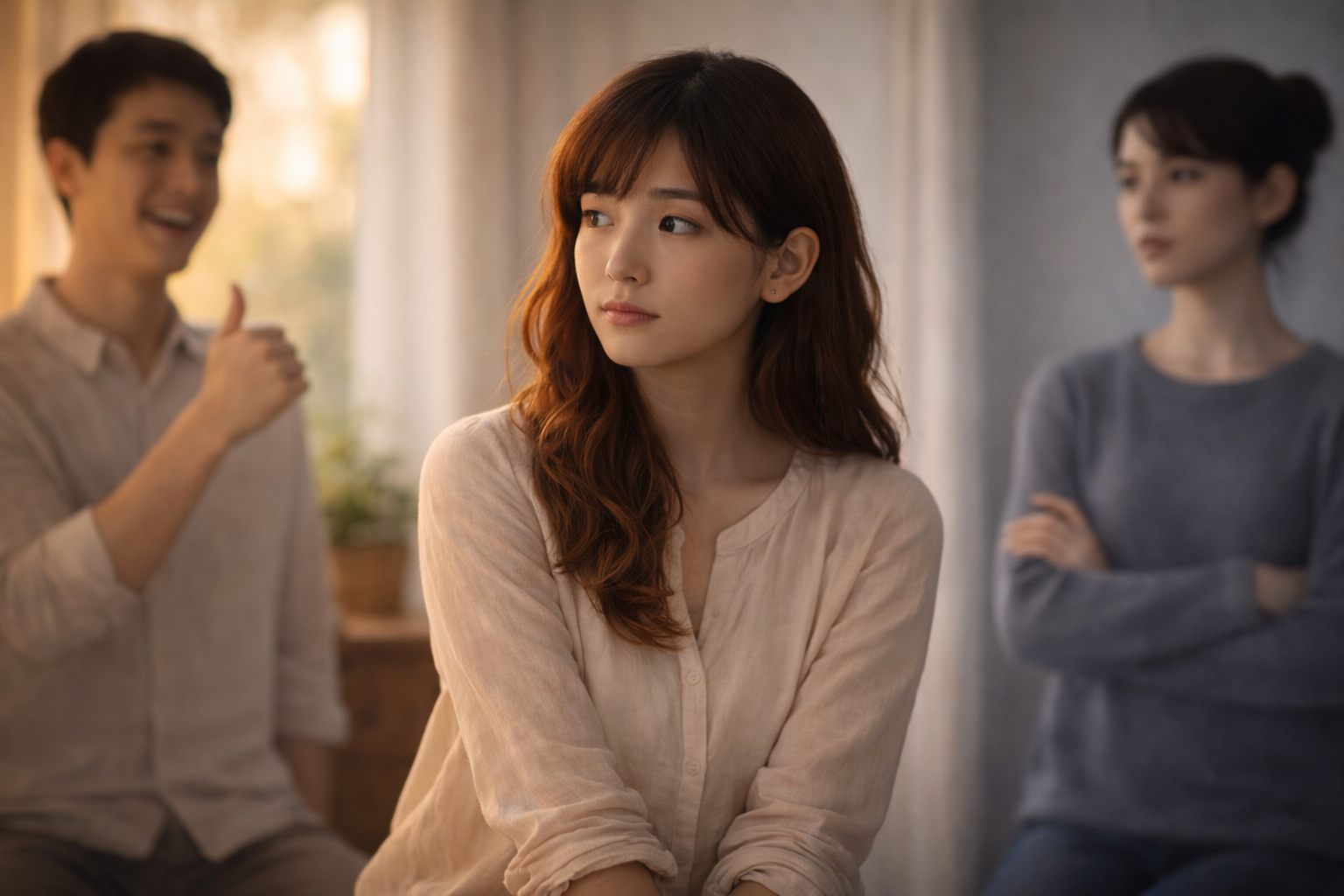 やわらかな自然光の室内で、少し迷いの表情を浮かべた女性が横を見ている。背景には、笑顔の人物と無表情の人物がぼんやりと写り、対照的な反応を象徴している。