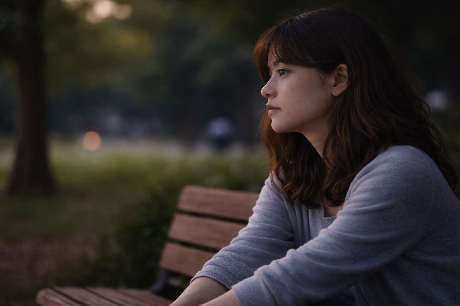 公園のベンチに一人で座り、少し遠くを見つめながら静かに考え込んでいる女性の横顔。背景には人影がぼんやりと映り、落ち着いた雰囲気が漂っている。