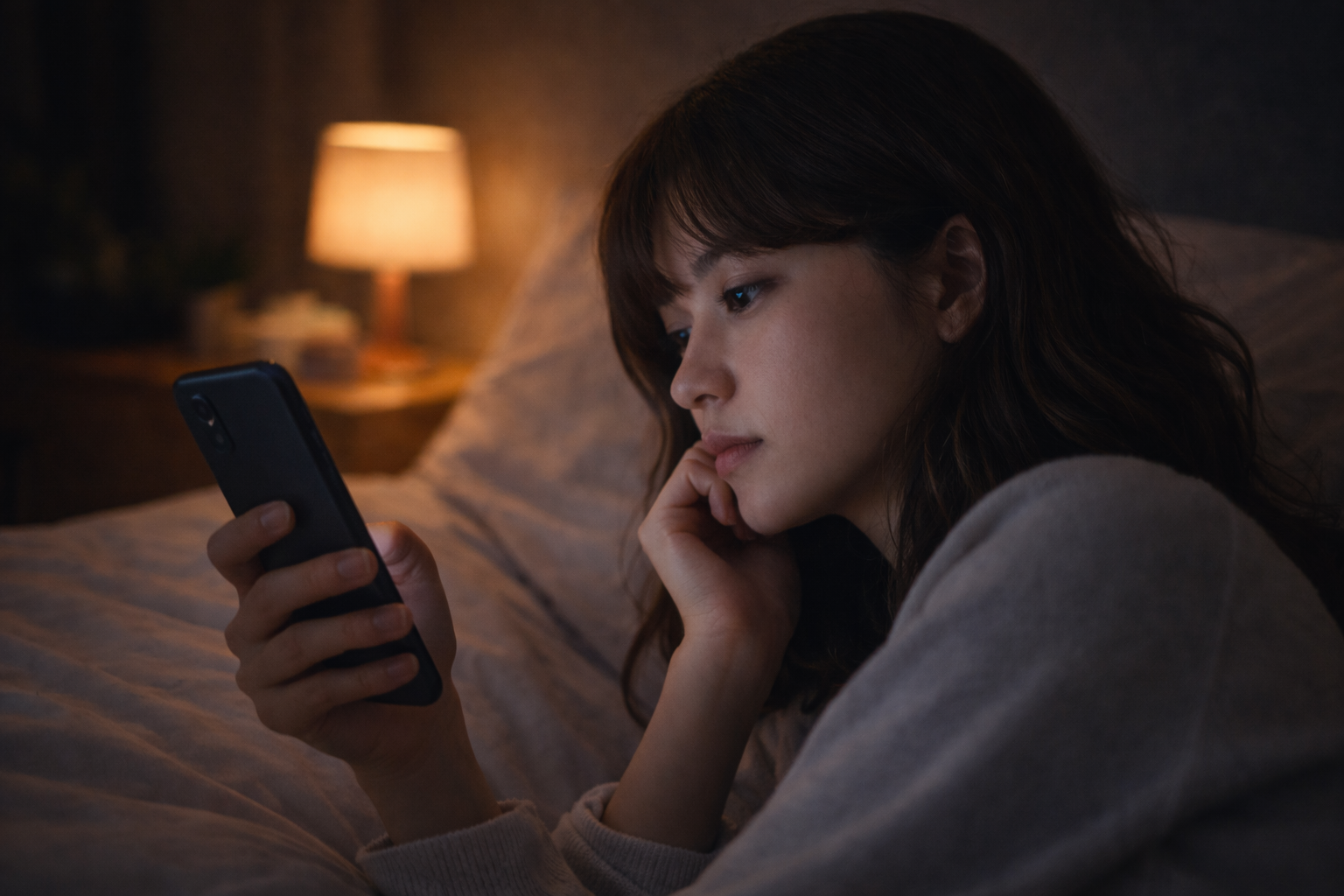 スマートフォンを手に持ち、メッセージ画面を見ながら考え込んでいる女性の横顔。室内の落ち着いた光の中で、動きを止めているような静かな雰囲気。