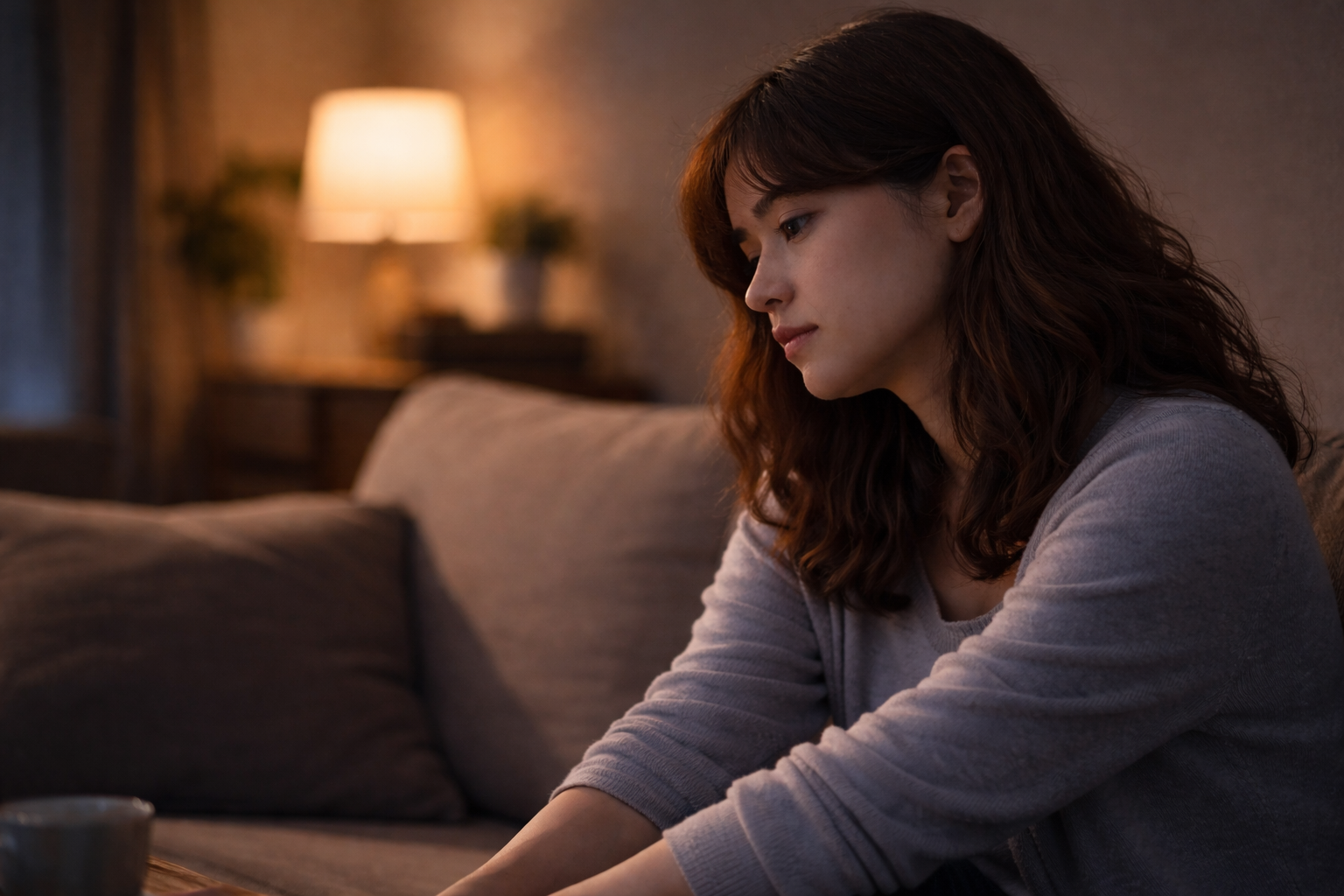 夜の静かな室内で、ソファに座りながら少し下を向き、考え込んでいる表情の女性の横顔。暖かい間接照明の中で、疲れや迷いがにじむ落ち着いた雰囲気のシーン。