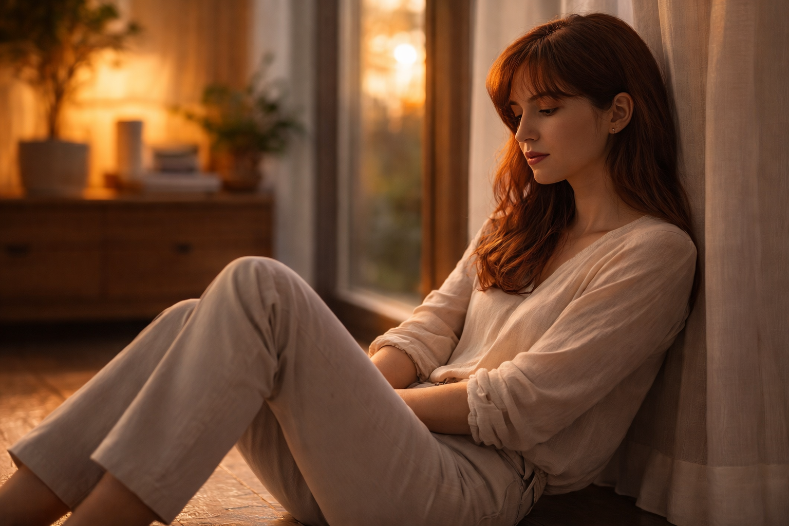 夕日の光が差し込む窓際の室内で、床に座り壁にもたれながら、穏やかな表情で自分の内面に意識を向けている女性。