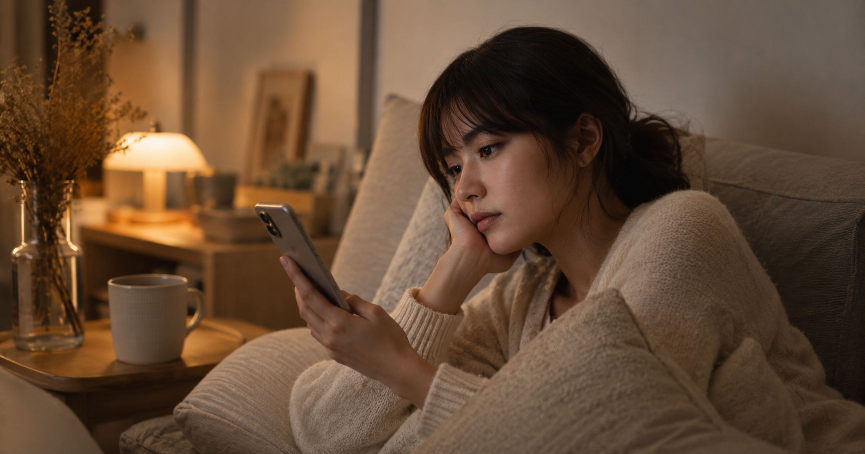 夜にスマートフォンを眺めながら、lineの返信を考えすぎて疲れている女性