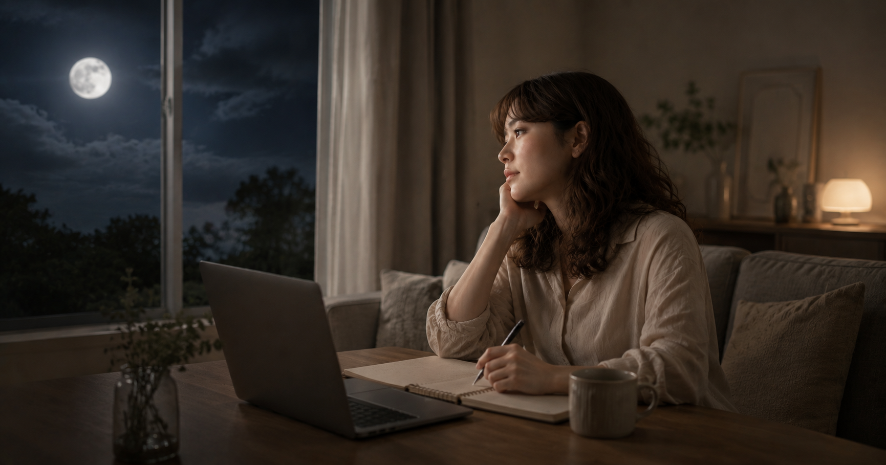 満月の夜、自宅のリビングで仕事について考えながらノートに向き合う女性
