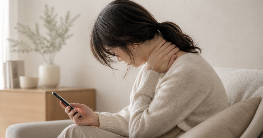 スマホを見ながら首と肩のこわばりを感じている女性