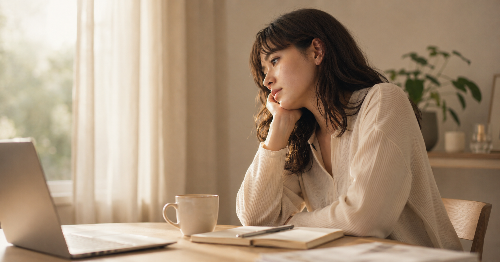 朝の光が差し込む室内で、仕事がうまくいかない悩みについて静かに考える女性
