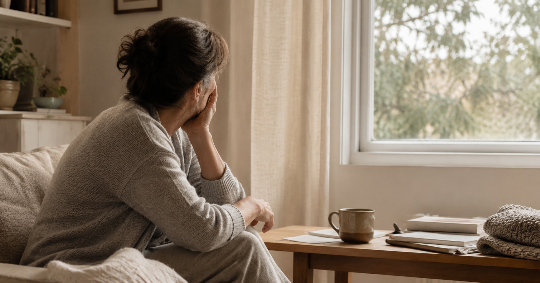 窓辺のソファに座り、外を見ながら静かに考え込む40〜50代女性の後ろ姿。テーブルにはマグカップや本、書類、ひざ掛けが置かれ、日常の中でひとり気持ちを整理しているような落ち着いた室内の様子。