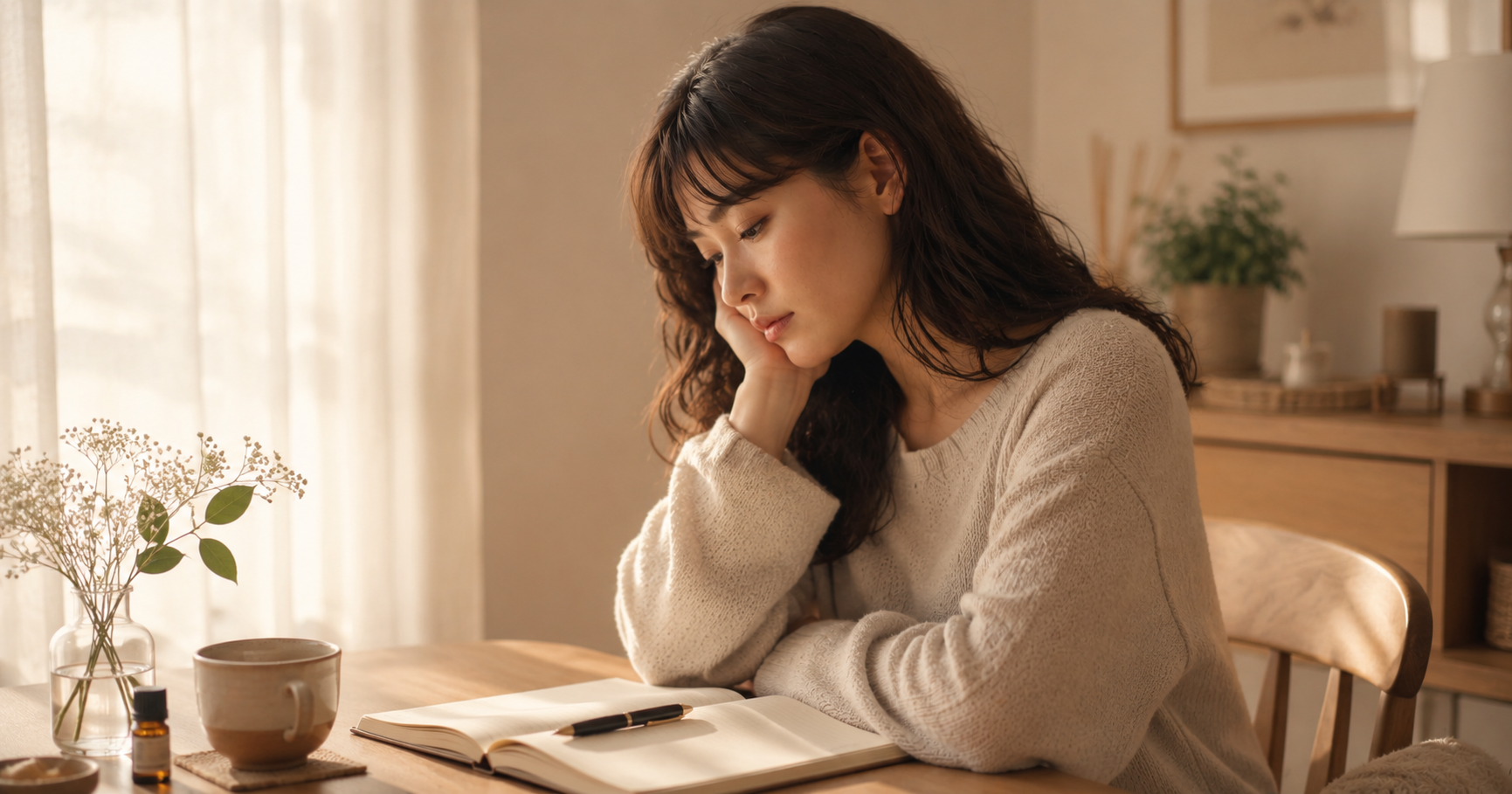 朝のやわらかな光が入る部屋で、ノートを前に静かに考え込む日本人女性。温かいお茶とアロマをそばに、自分の本音と向き合っている様子。