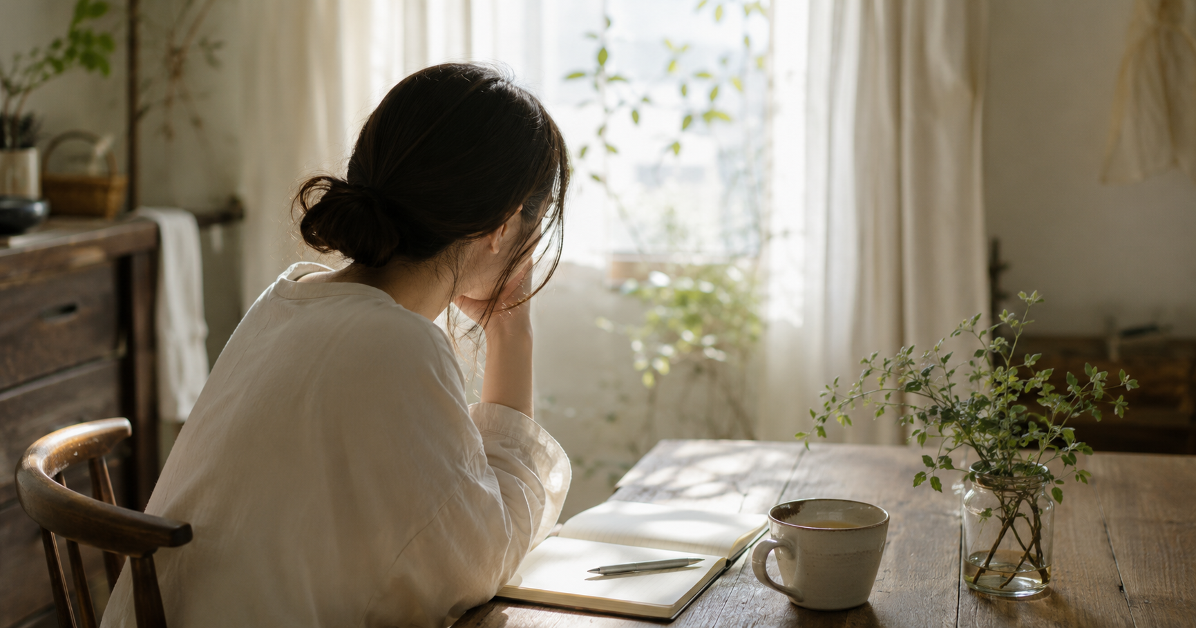 朝の自然光が入る部屋で、ノートとお茶を前に静かに考え込む日本人女性の後ろ姿。モヤモヤした気持ちを抱えながら、本音に向き合おうとしている様子。